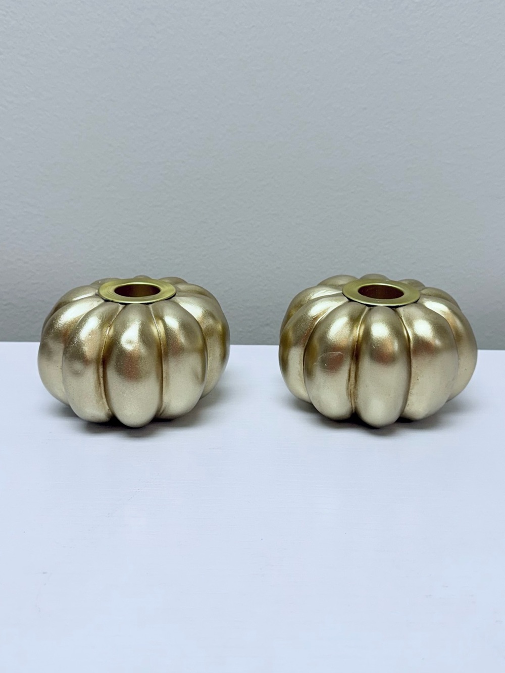 New! Set of 2 Gold Pumpkin-Shaped Taper Resin Candle Holders